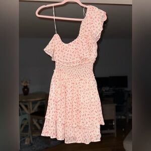 Floral Pink Bow Ruffle One Shoulder Dress